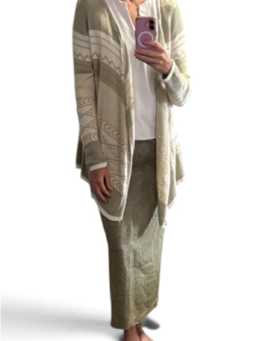 Beige & White Open-Front Knit Cardigan Sweater